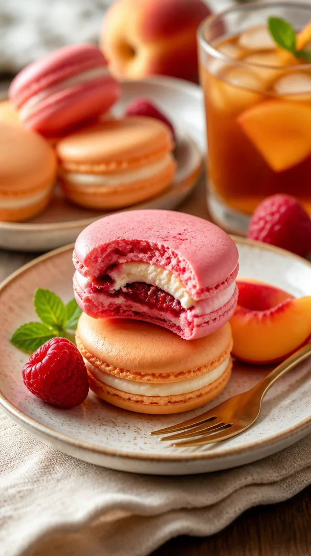 Himbeer-Pfirsich-Macarons auf einem eleganten Teller präsentiert