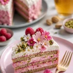 Himbeer-Pistazien-Kuchen mit frischen Himbeeren und gehackten Pistazien