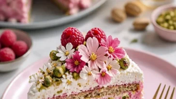 Himbeer-Pistazien-Kuchen mit frischen Himbeeren und gehackten Pistazien