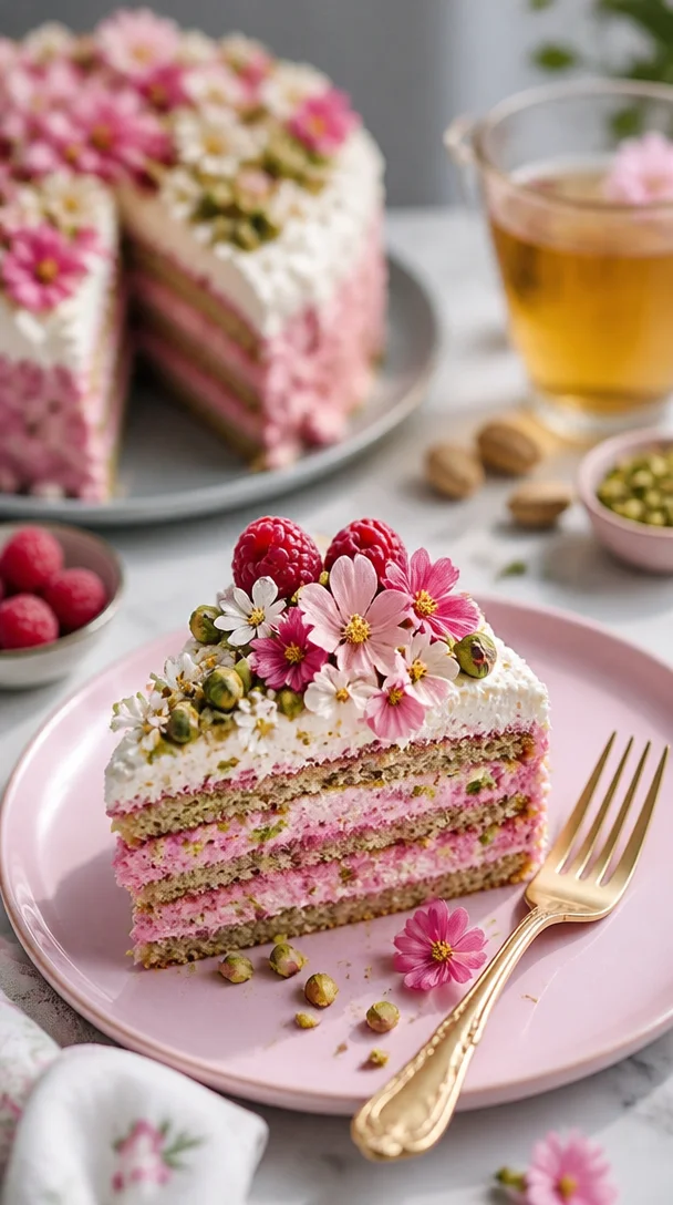 Himbeer-Pistazien-Kuchen mit frischen Himbeeren und gehackten Pistazien
