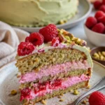Himbeer-Pistazienkuchen mit frischen Himbeeren und gehackten Pistazien auf einem Teller.