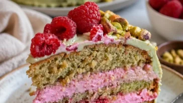 Himbeer-Pistazienkuchen mit frischen Himbeeren und gehackten Pistazien auf einem Teller.