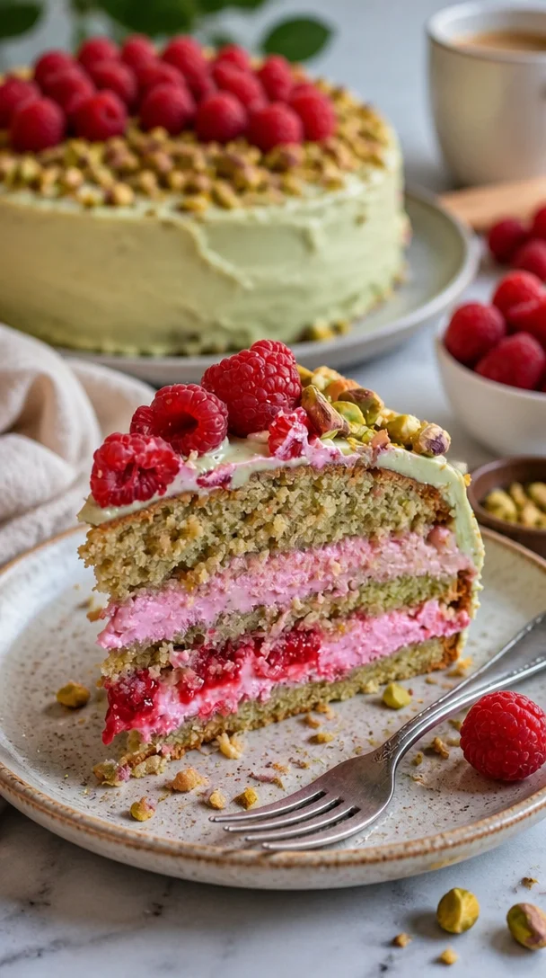 Himbeer-Pistazienkuchen mit frischen Himbeeren und gehackten Pistazien auf einem Teller.