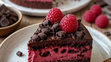 Himbeer Schoko Brownie Torte mit schokoladiger Glasur und Himbeeren