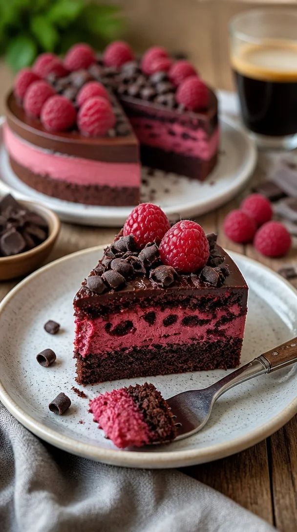 Himbeer Schoko Brownie Torte mit schokoladiger Glasur und Himbeeren