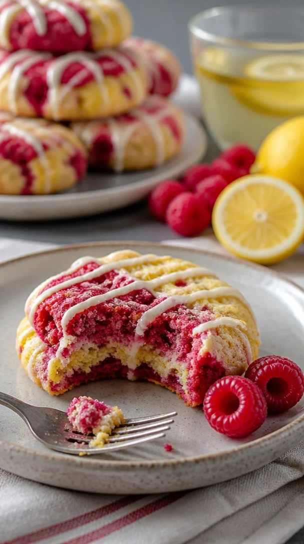Irresistible Weiße Schokolade Kekse mit Zitronen und Himbeeren auf einem Teller