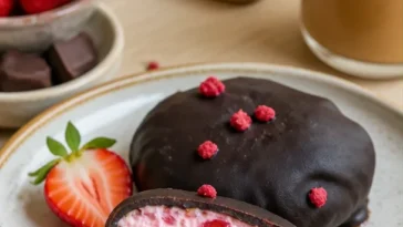 Leckere Joghurt-Erdbeer-Bites auf einem Teller, perfekt als Snack