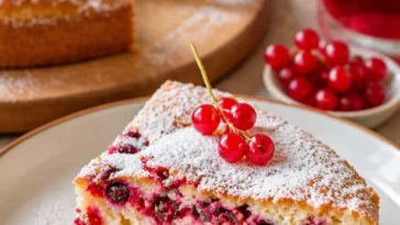 Leckerer Johannisbeerkuchen mit frischen Johannisbeeren und Sahne