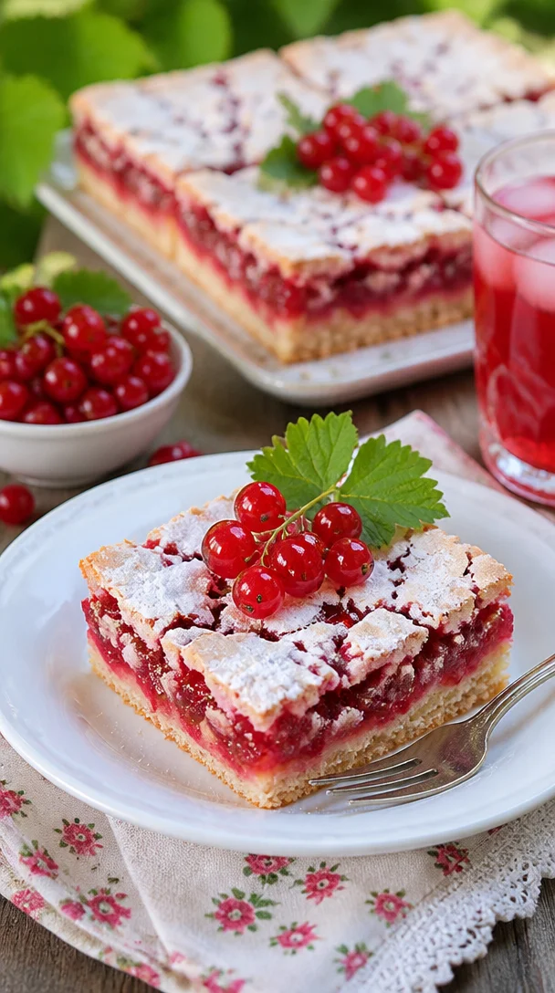 Johannisbeerkuchen mit Baiser auf einem Teller angerichtet