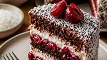 Leckeres Kirsch Lamington Sandwich Kuchen mit Sahne und Schokolade