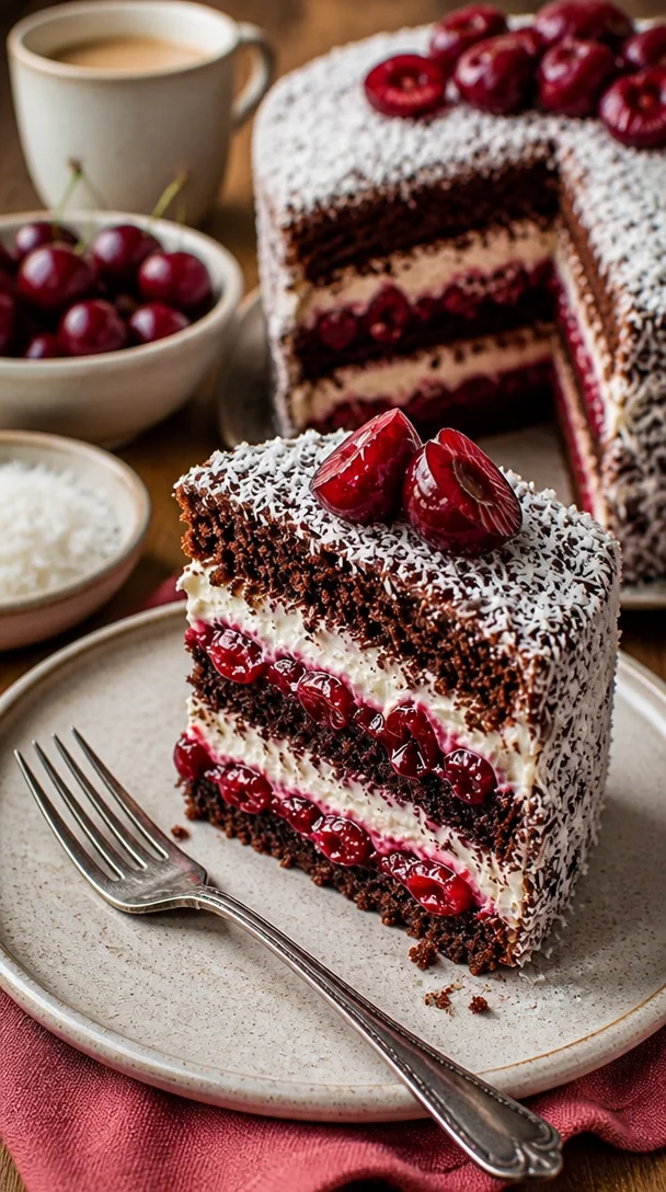 Leckeres Kirsch Lamington Sandwich Kuchen mit Sahne und Schokolade