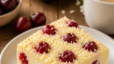 Köstlicher Kirsch-Quarkkuchen mit Vanillepudding auf einem Teller serviert.