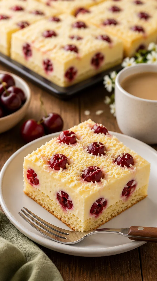 Köstlicher Kirsch-Quarkkuchen mit Vanillepudding auf einem Teller serviert.
