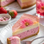 Sakura-Käsekuchen dekoriert mit Kirschenblüten und frischen Zutaten
