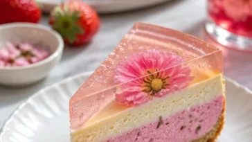 Sakura-Käsekuchen dekoriert mit Kirschenblüten und frischen Zutaten