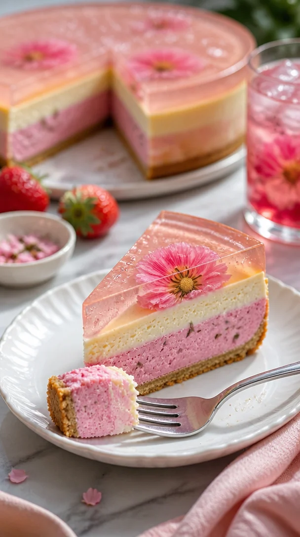 Sakura-Käsekuchen dekoriert mit Kirschenblüten und frischen Zutaten