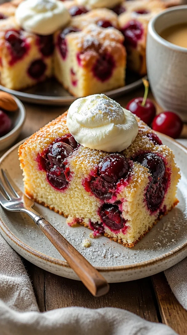 Saftiger Kirschkuchen mit Buttermilch auf einem Teller serviert