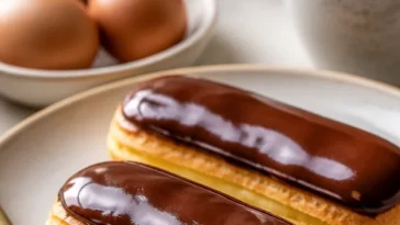 Klassische Éclairs mit Schokoladenglasur und Cremefüllung
