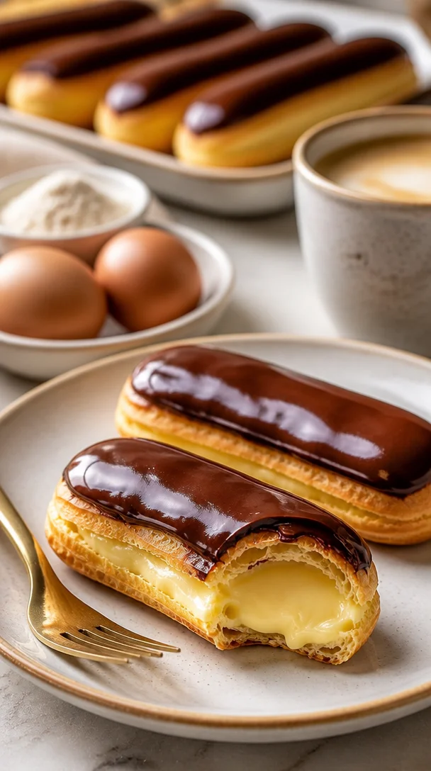 Klassische Éclairs mit Schokoladenglasur und Cremefüllung