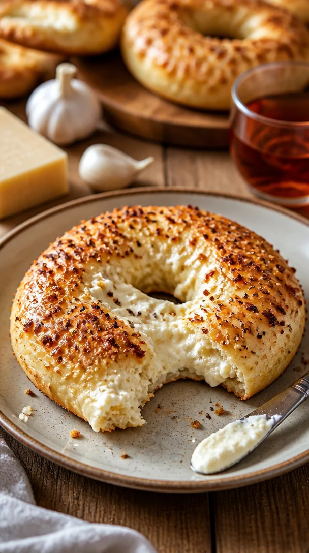 Köstliche Knoblauch-Parmesan-Bagels mit frischem Hüttenkäse und Kräutern