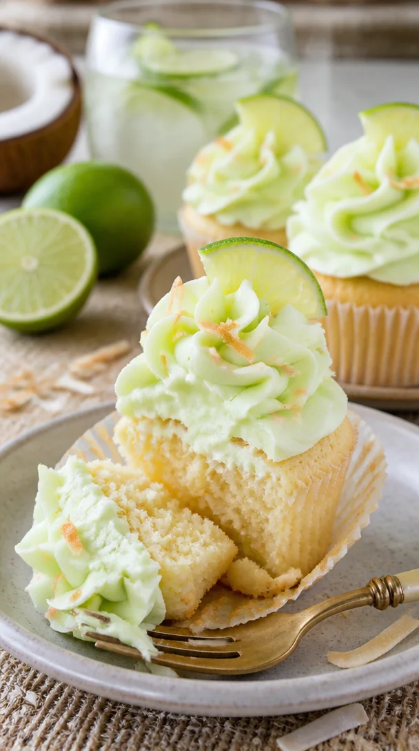 Kokos-Limetten-Cupcakes auf einem Tisch dekoriert mit Limettenscheiben
