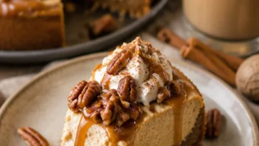 Kürbis Cheesecake Eis in einer Schale mit herbstlicher Dekoration