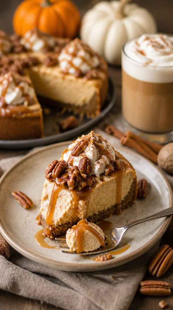 Kürbis Cheesecake Eis in einer Schale mit herbstlicher Dekoration