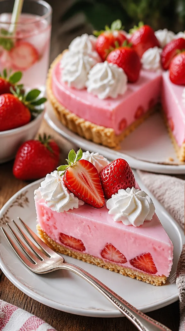 Erdbeer-Cream-Cheese-Jello-Pie auf einem Tisch serviert mit frischen Erdbeeren