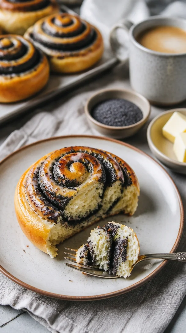 Leckere Mohnschnecken und Mohnbrötchen auf einem rustikalen Tisch serviert.