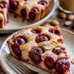 Leckerer Mandel-Pflaumenkuchen auf einem Teller, perfekt für jede Jahreszeit.
