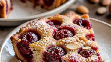 Leckerer Mandel-Pflaumenkuchen auf einem Teller, perfekt für jede Jahreszeit.