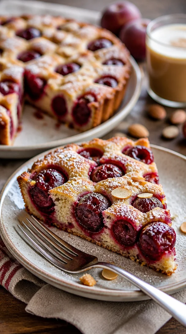 Leckerer Mandel-Pflaumenkuchen auf einem Teller, perfekt für jede Jahreszeit.