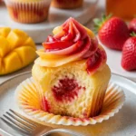 Mango-Erdbeer-Sonnenuntergang-Cupcakes in bunten Farben auf einem Tisch