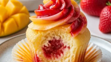 Mango-Erdbeer-Sonnenuntergang-Cupcakes in bunten Farben auf einem Tisch