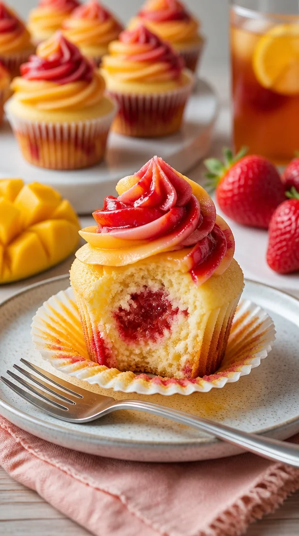 Mango-Erdbeer-Sonnenuntergang-Cupcakes in bunten Farben auf einem Tisch