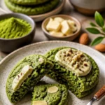 Leckere Matcha-White Chocolate Cookies auf einem Teller, grün und schokoladig.