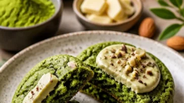Leckere Matcha-White Chocolate Cookies auf einem Teller, grün und schokoladig.