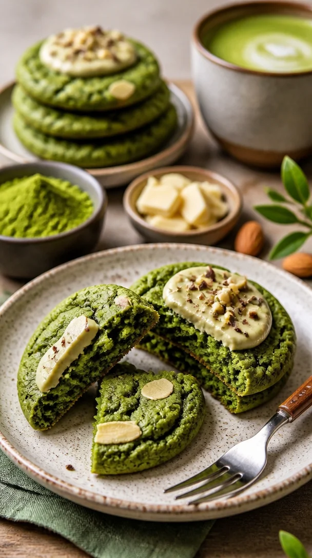 Leckere Matcha-White Chocolate Cookies auf einem Teller, grün und schokoladig.