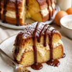 Ein Stück Milchmädchenkuchen auf einem Teller mit einer Tasse Kaffee daneben