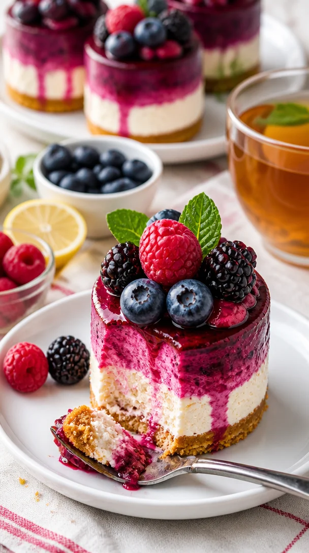 Leckerer Mini-Beeren-Käsekuchen mit frischen Beeren und cremigem Käsefüllung.