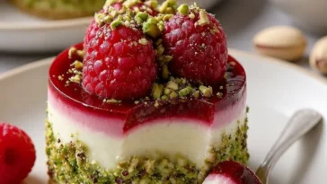 Mini Himbeer- und Pistazienmousse-Torte mit frischen Himbeeren und Pistazien
