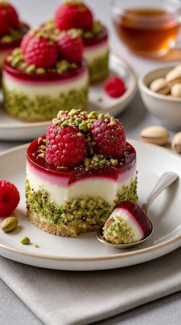 Mini Himbeer- und Pistazienmousse-Torte mit frischen Himbeeren und Pistazien