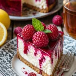 Mini Himbeerkäsekuchen auf einem Teller mit frischen Himbeeren dekoriert.