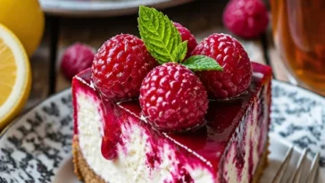Mini Himbeerkäsekuchen auf einem Teller mit frischen Himbeeren dekoriert.