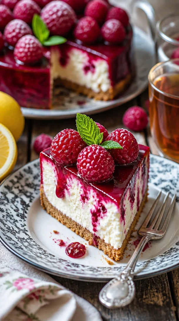 Mini Himbeerkäsekuchen auf einem Teller mit frischen Himbeeren dekoriert.