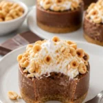 Mini Nutella Käsekuchen auf einem weißen Teller, dekoriert mit Schokolade und Nüssen