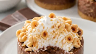 Mini Nutella Käsekuchen auf einem weißen Teller, dekoriert mit Schokolade und Nüssen