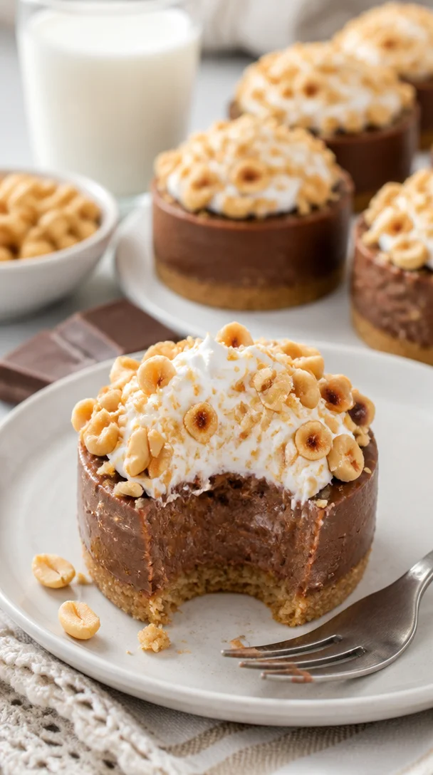 Mini Nutella Käsekuchen auf einem weißen Teller, dekoriert mit Schokolade und Nüssen