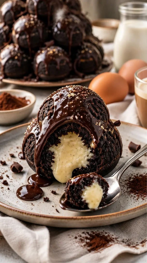 Süße Mini-Profiteroles gefüllt mit Sahne und Schokolade