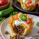 Mini Taco-Cupcakes mit Rinderhackfleisch und Käse auf einem Teller